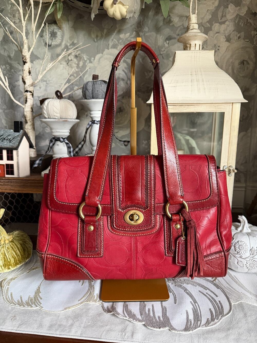 Y2K 2007 Coach HAMPTONS Red Leather Satchel Shoulder Bag Purse 11332